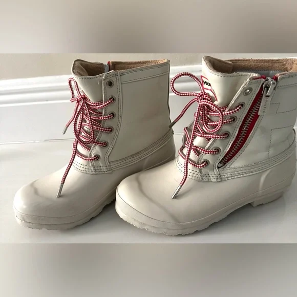 HUNTER IVORY CORWIN Insulated Lace Up Zip Up Waterproof Size 7 Boots - Picture 3 of 10